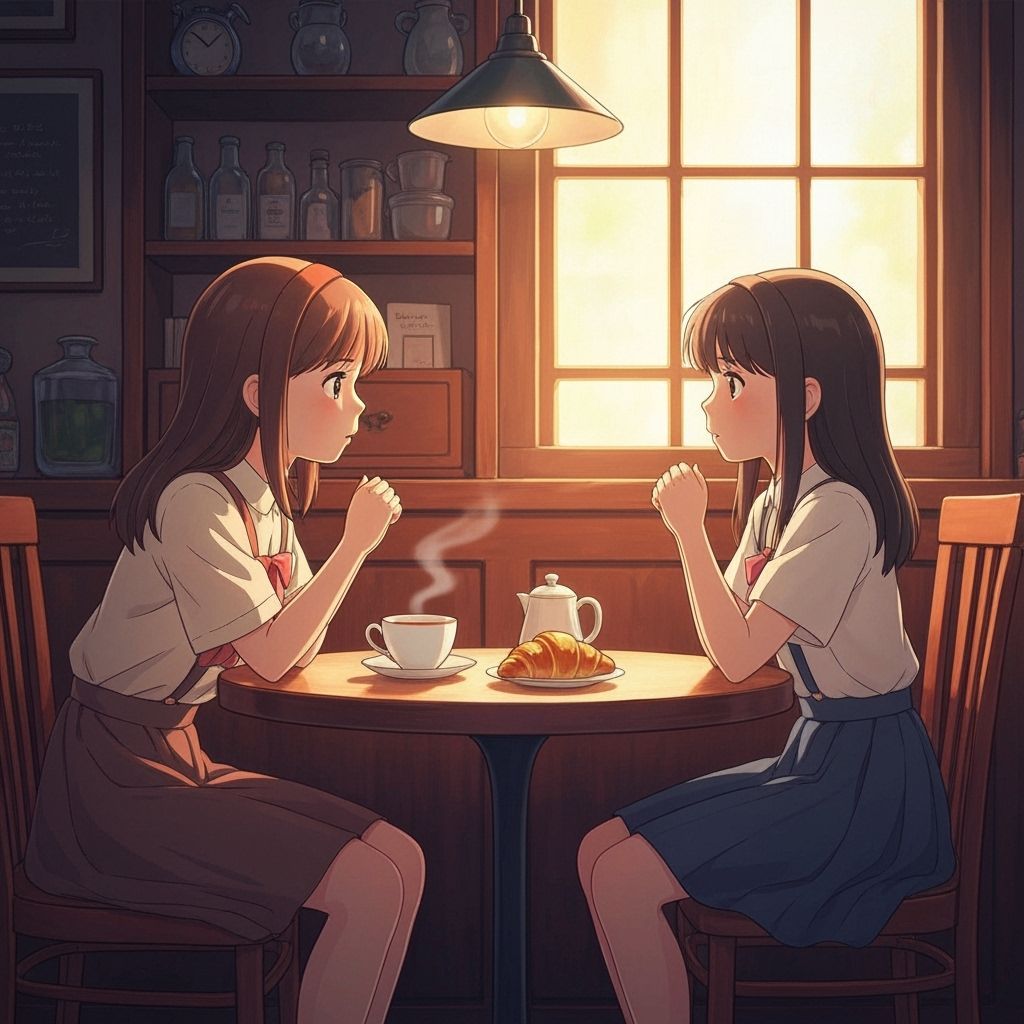 Two Girls Chatting in Cozy Coffee Shop, Ghibli Style