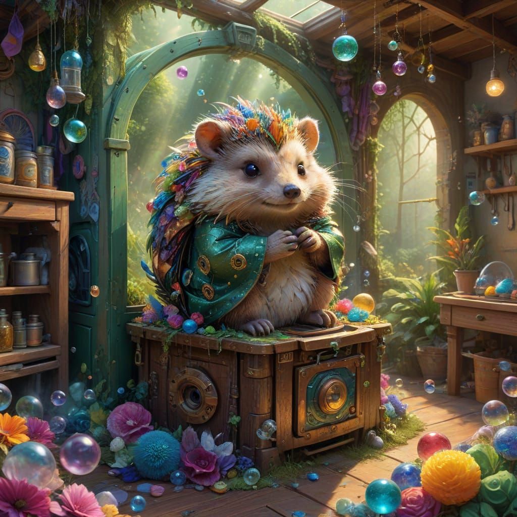Whimsical Washing Machine Scene with Wise Hedgehog Observer