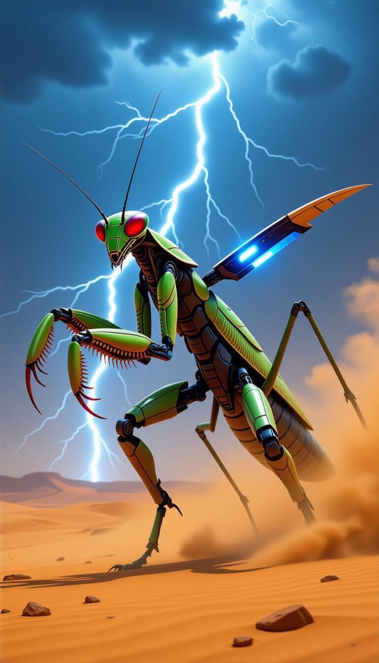 Cybernetic Mantis-Wolf Predator Mid-Hunt in Wasteland