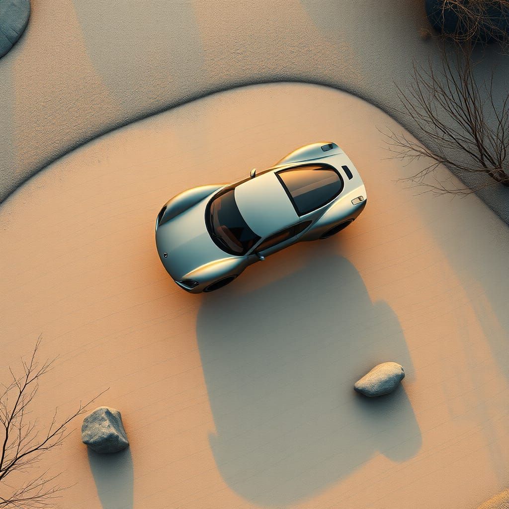 Minimalistic Japandi line art. Bird's eye view. A sleek, sci-fi car hovers over a zen garden, with perfectly raked sand ...
