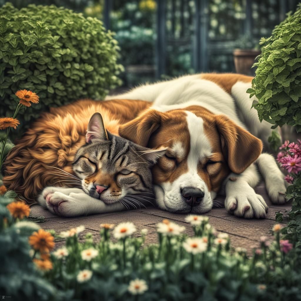 Hyperrealistic Cat and Dog Sleeping in Garden
