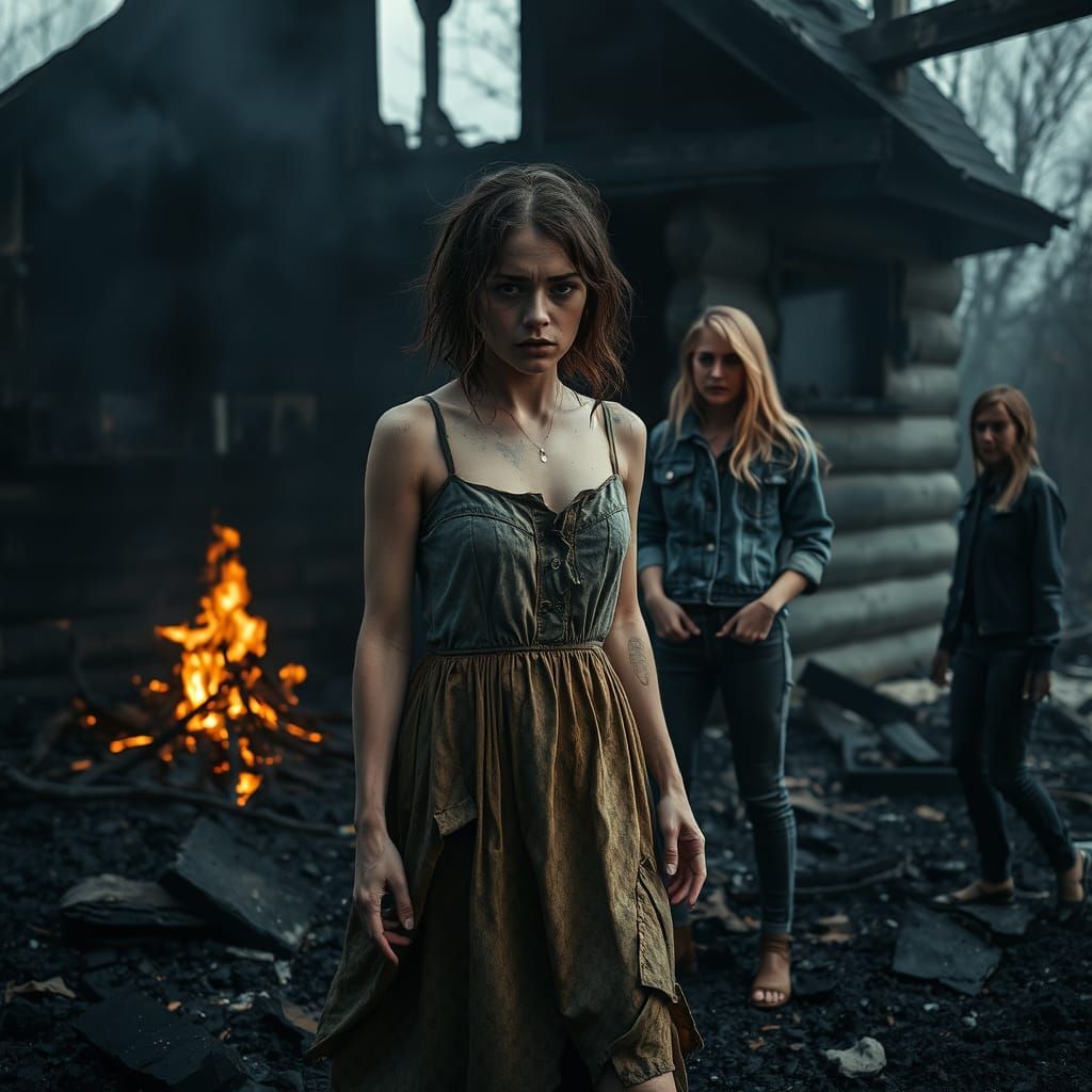 Frantic Woman Amidst Burnt Ruins in a Haunting Atmosphere