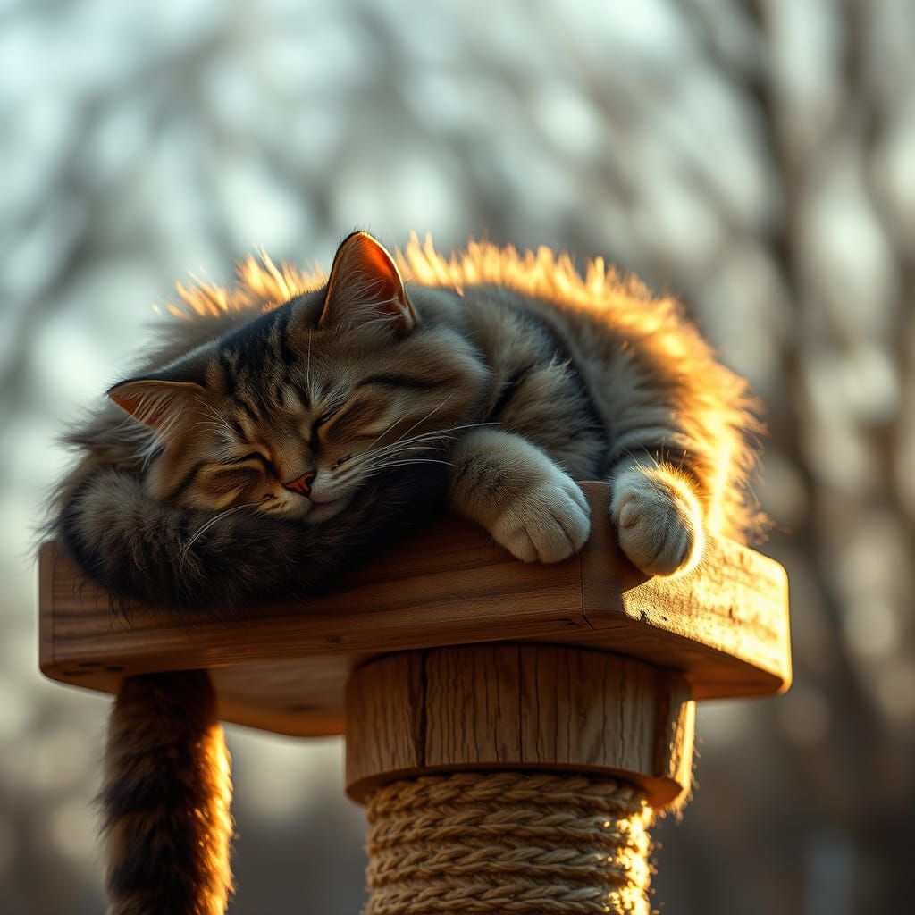 Cat Napping on Cat Tower in Hyperrealistic Style