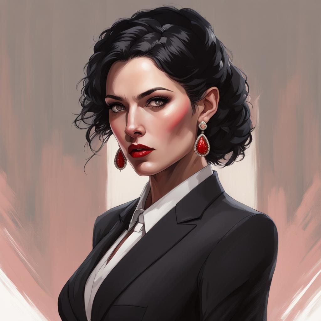 Stern Woman in Black Suit: Realistic Portrait