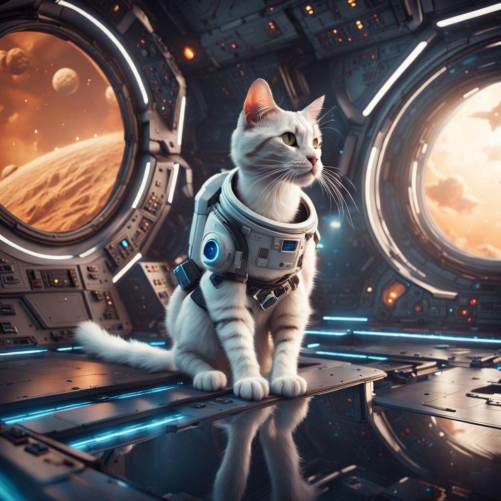 Cat Astronaut in Futuristic Space Station