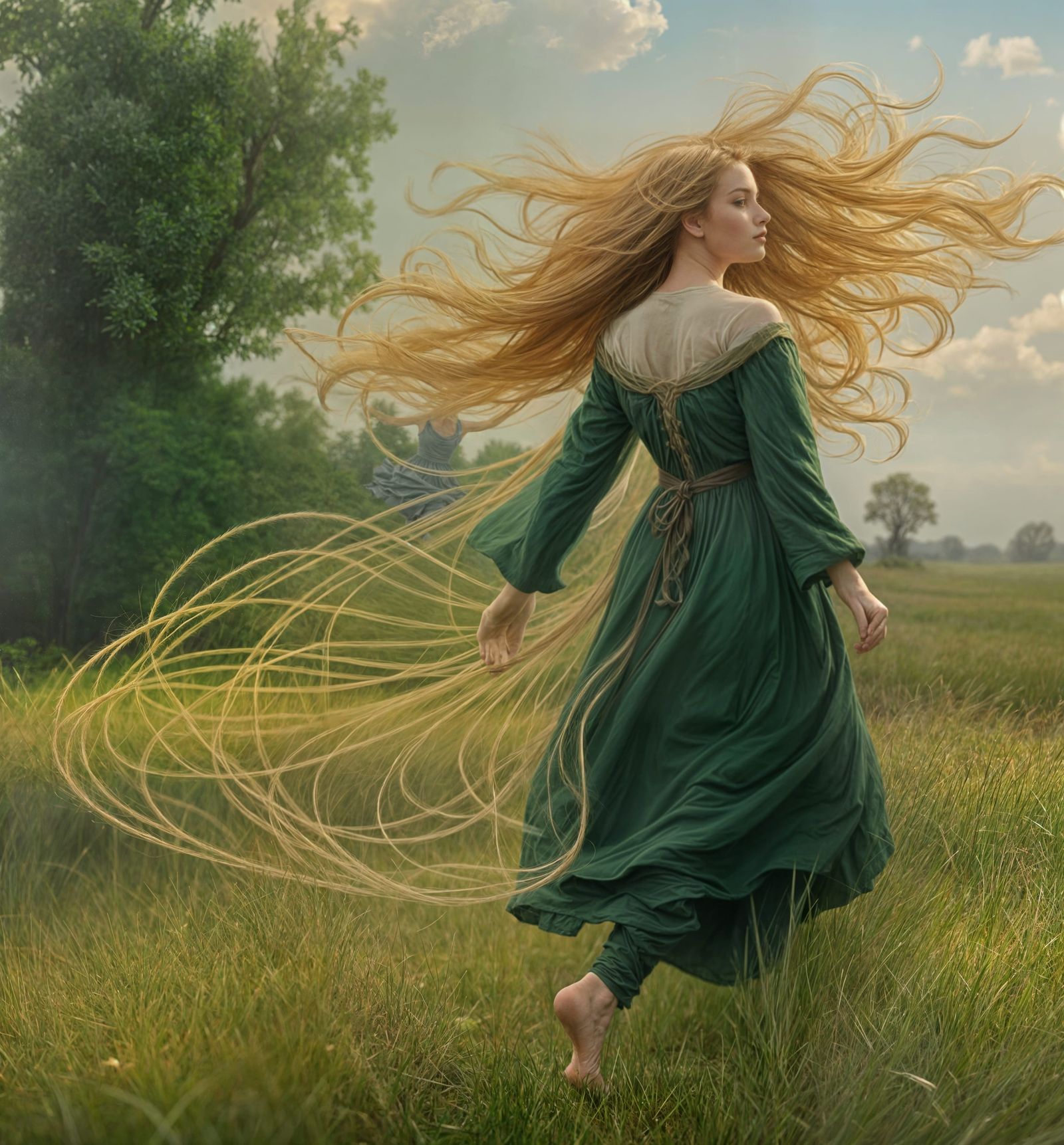 And wherever her airy footstep trod, 
Her trailing hair from the grassy sod