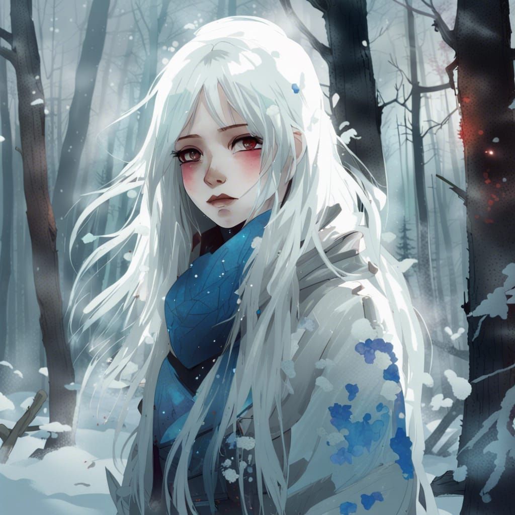 Ghostly Anime Girl in Winter Forest