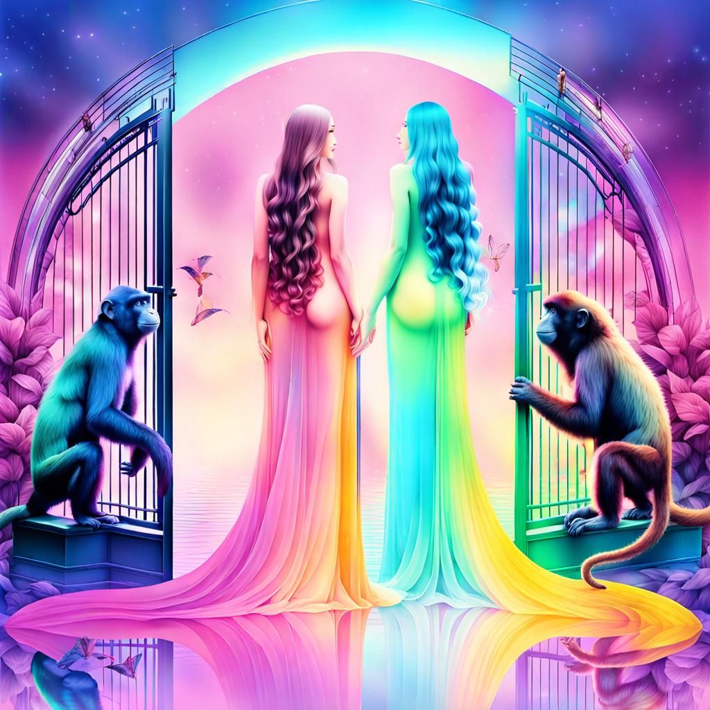 Cosmic Gateway: Elegant Ladies in a Digital Art