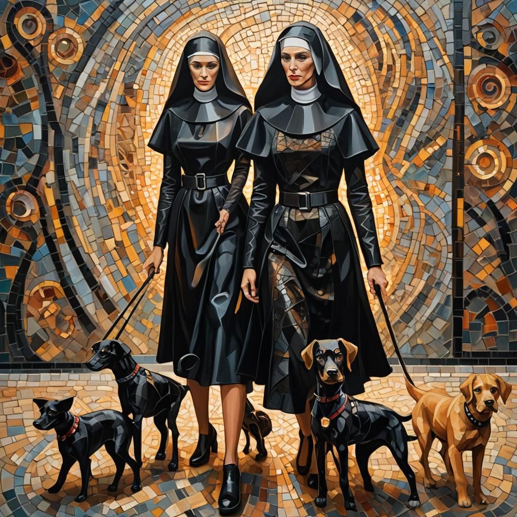Surreal Cubist Nuns with Dog in Abstract Mosaic