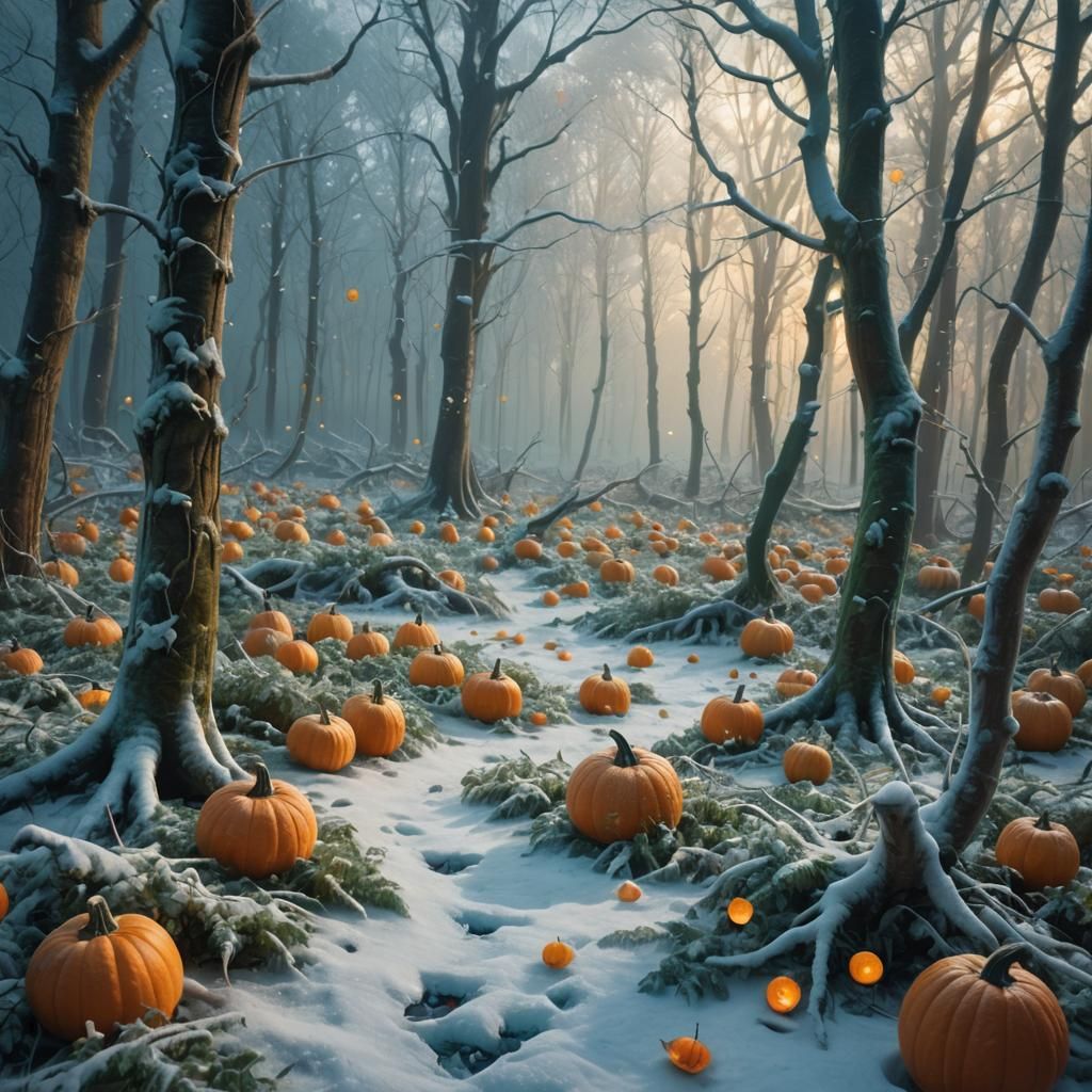 Snowy Pumpkins in Mystical Frozen Forest