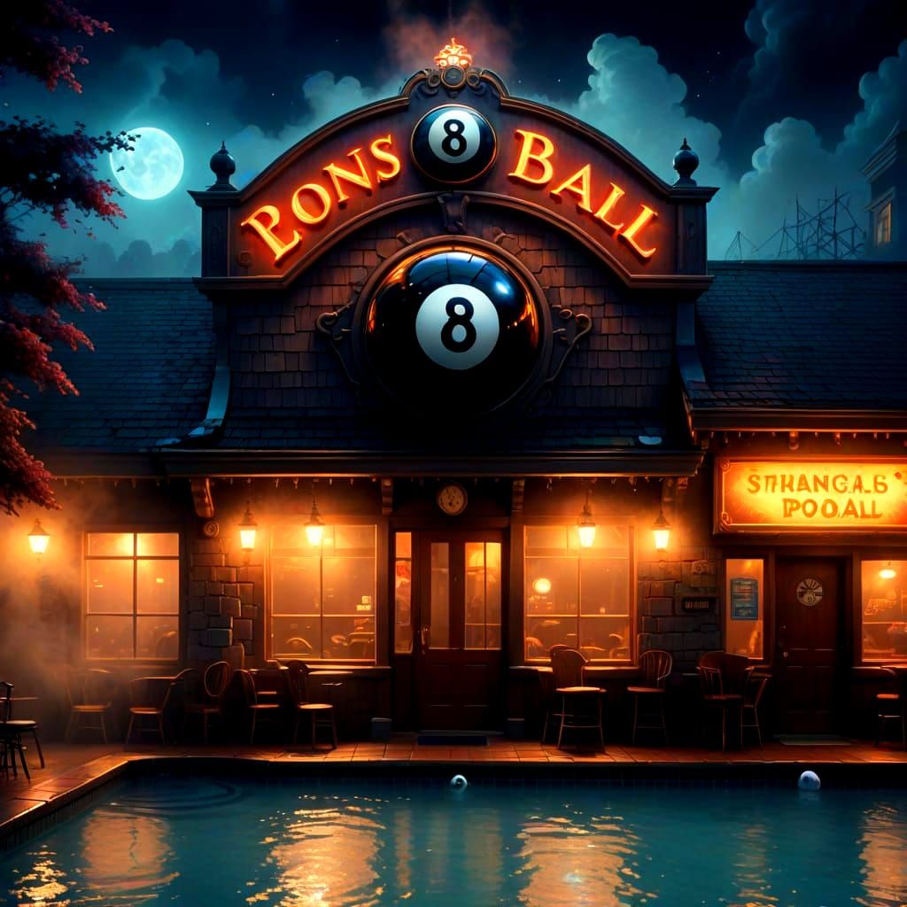 Ethereal Nighttime Scene of a Pool Hall Building with a Glow...