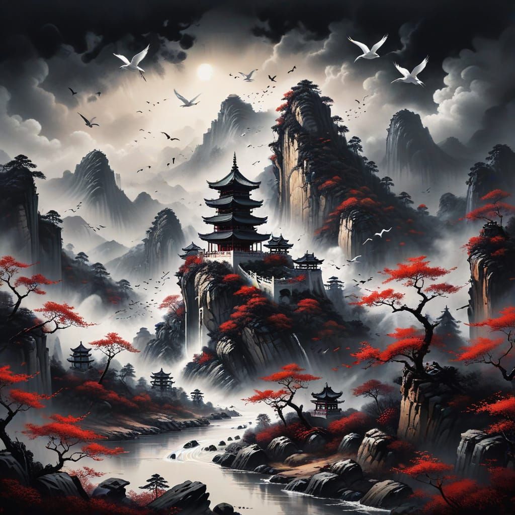 Giant Quill Paints Chinese Landscape on Ancient Scroll