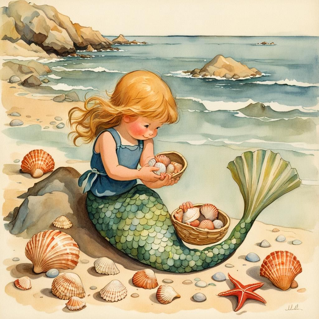 Cute Mermaid Collecting Seashells Illustration