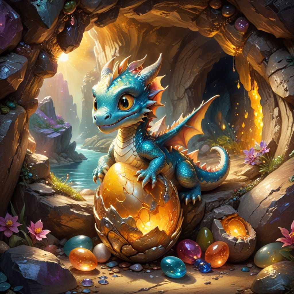 Chibbi Dragon Emerging From Egg In Treasure Cave