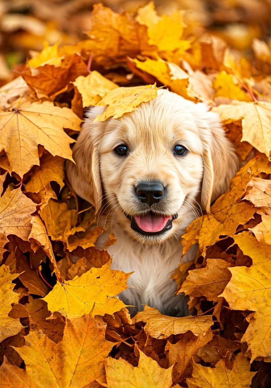 Cute Golden Retriever Puppies in Autumn Leaves