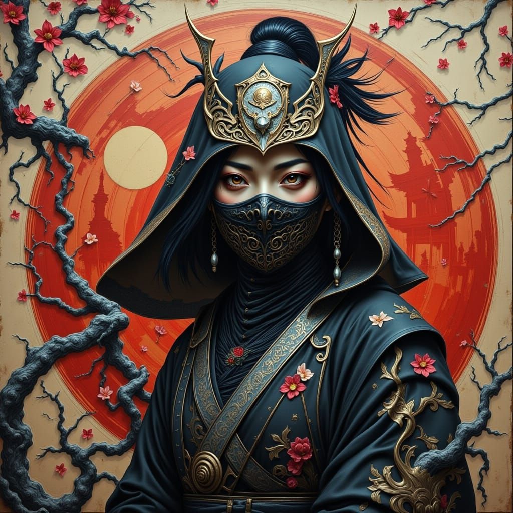 Fierce Female Ninja on Japanese Housetop