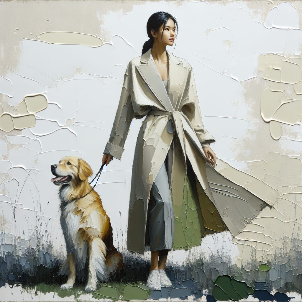 Girl Hugging Retriever in Oil Painting Style