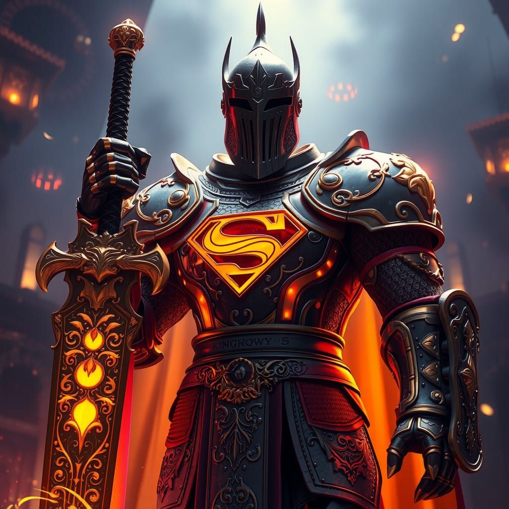 Majestic Knight in Dark Fantasy Armor, Wielding Sword with K...