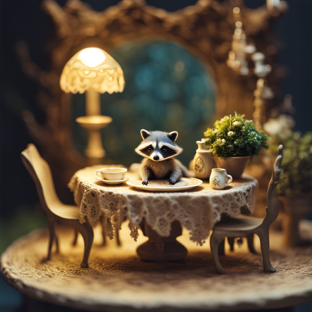 Whimsical Dollhouse Scene with Ethereal Flora and Raccoon