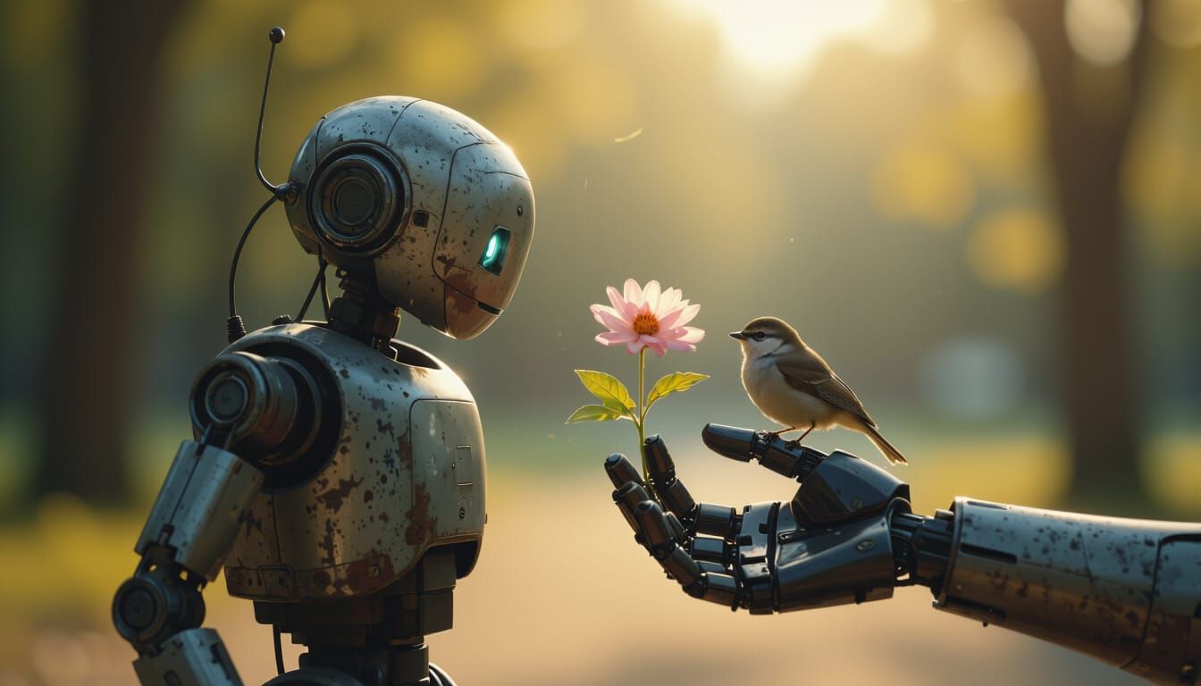 Robot's Gentle Kindness to Bird in Park