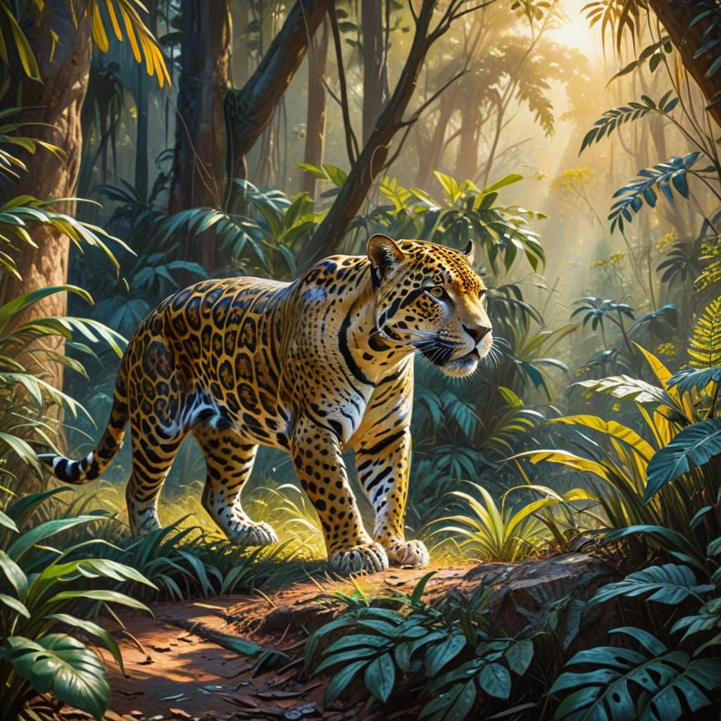 Jaguar Stalking Prey in Jungle Gouache Painting