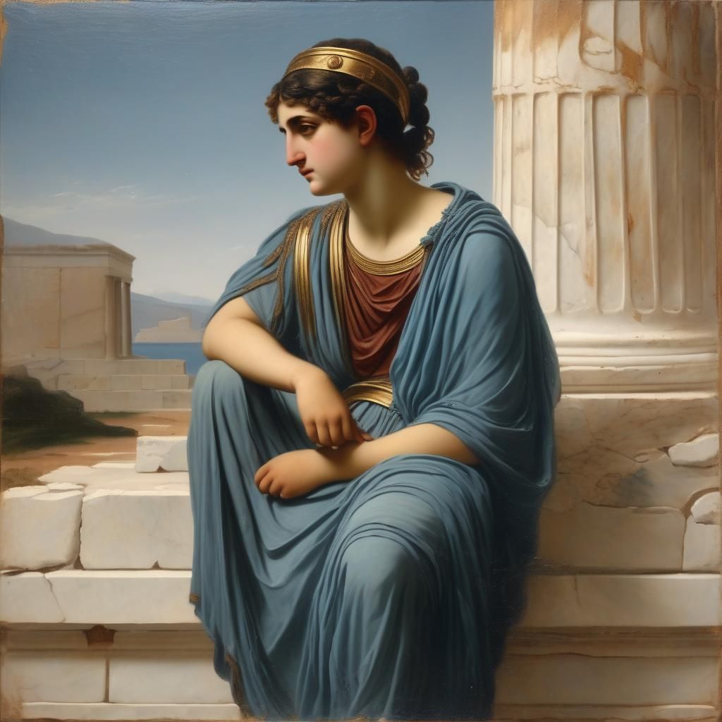 Ancient Greek Girl Crying in Romantic Oil Painting