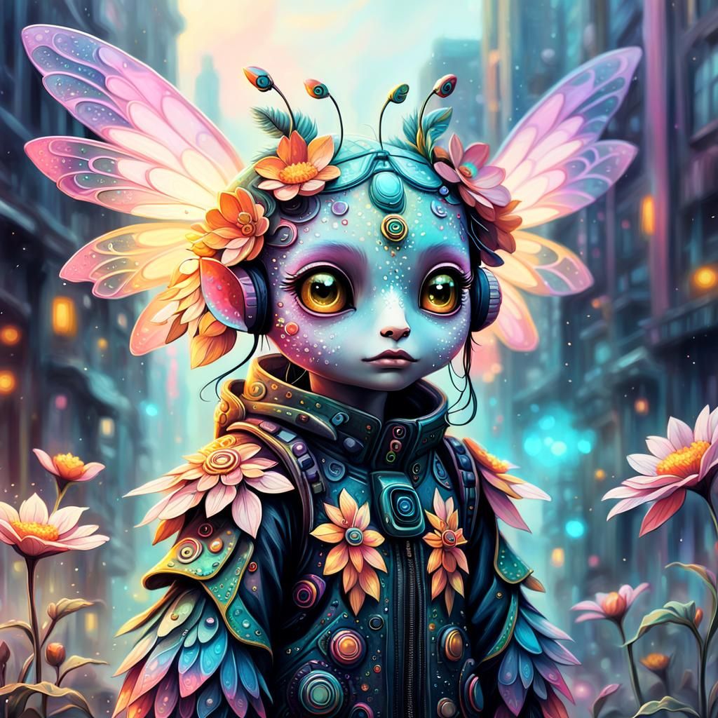 Flower Creature in Bohemian Cyberpunk Fantasy Landscape