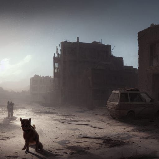 Deserted Town with Dog in Dark Fantasy Style