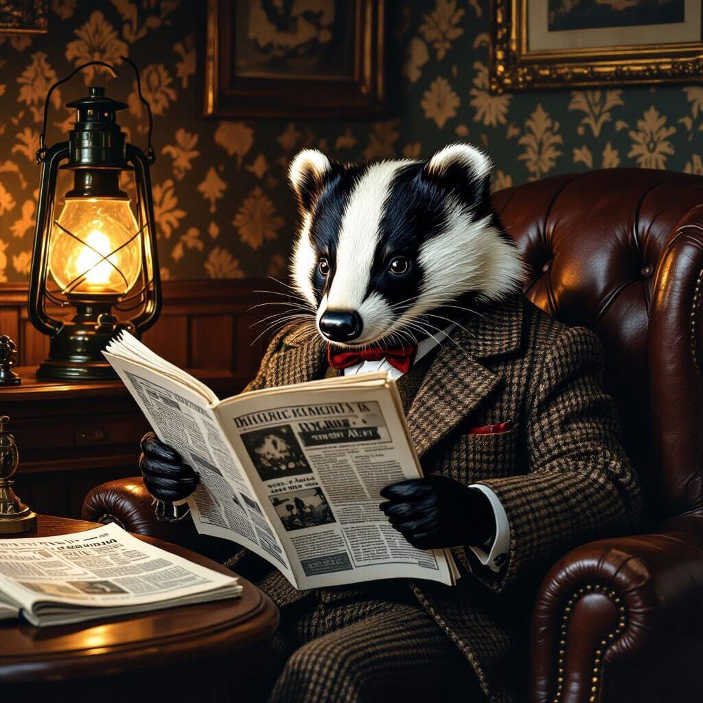 Elegant Badger Gentleman Reading in Study