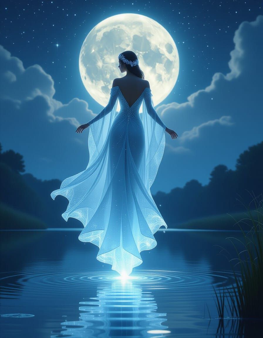 Celestial Being in Moonlit Glass Gown Above Lake