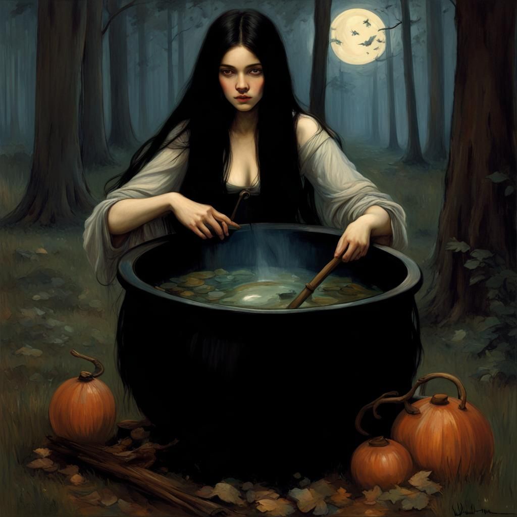 Moonlit Witch by Cauldron in Pre-Raphaelite Style