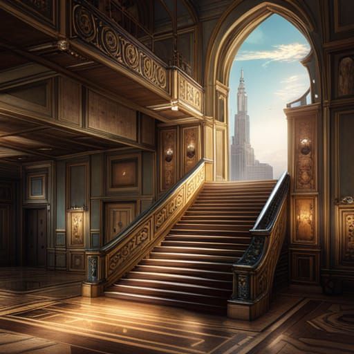 Retrofuturistic Stairway to Heaven in Matte Painting Style