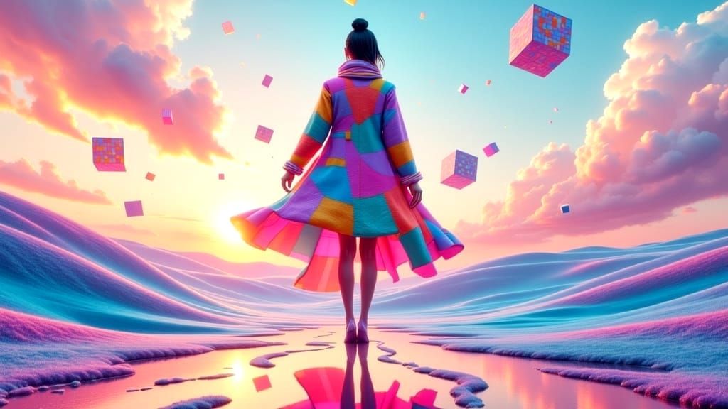 Surreal Landscape of Gingham Skies and Fashionable Dreams