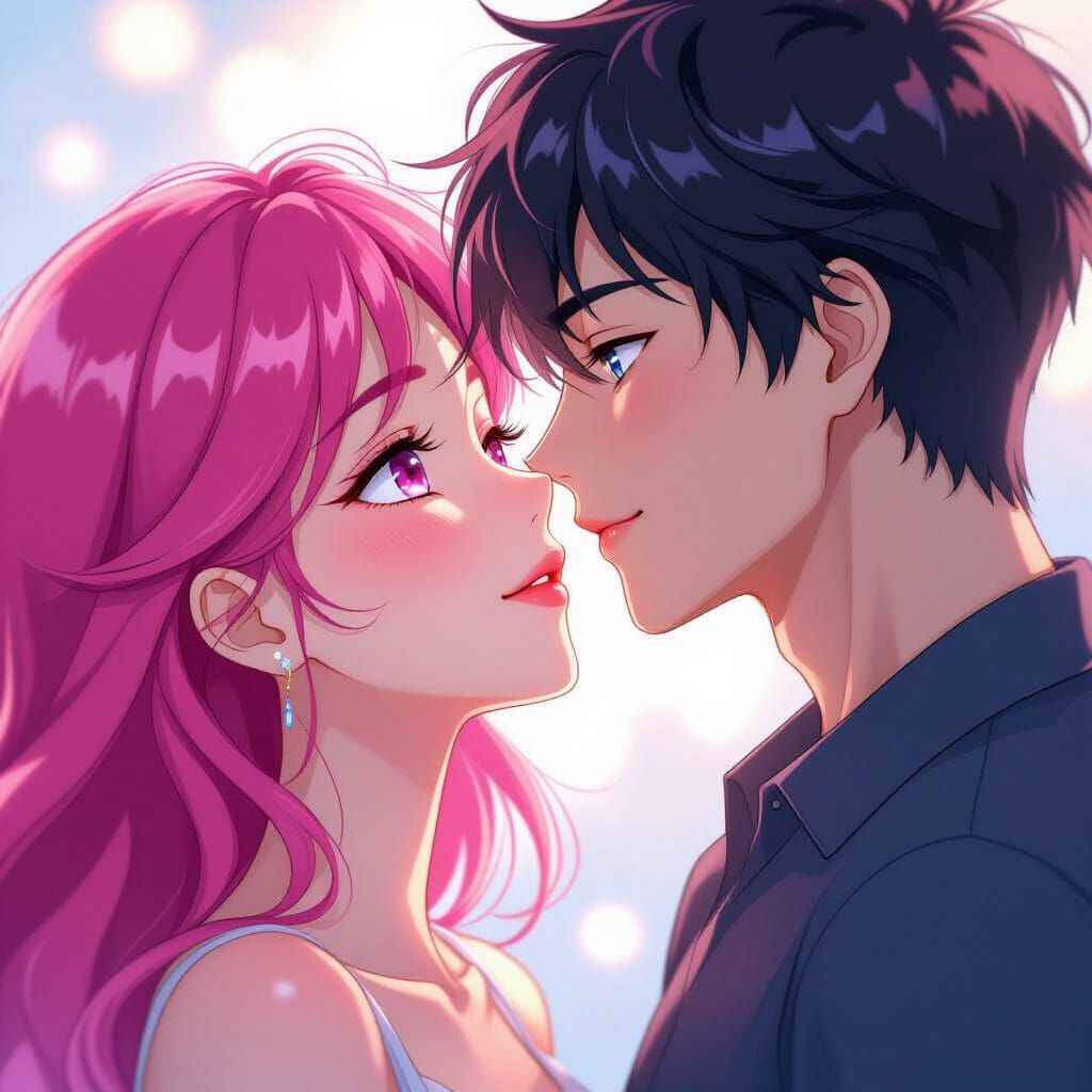 Intimate Anime Romance: Pink Haired Woman Kissed
