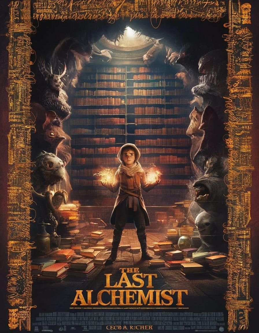 movie poster for 'The Last Alchemist', mystical medieval setting, a young alchemist standing before an ancient, sprawlin...