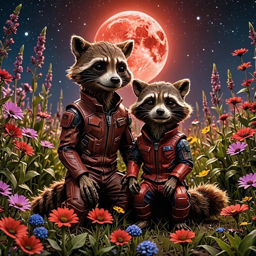 Groot and Rocket Raccoon in Moonlight, Hyper-Realistic 3D