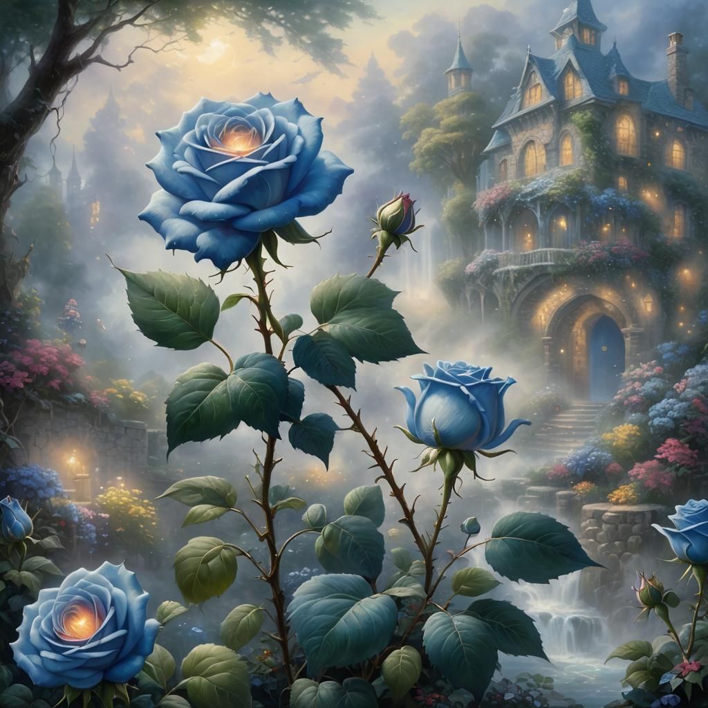Ethereal Blue Rose in Hyperdetailed Fantasy Style