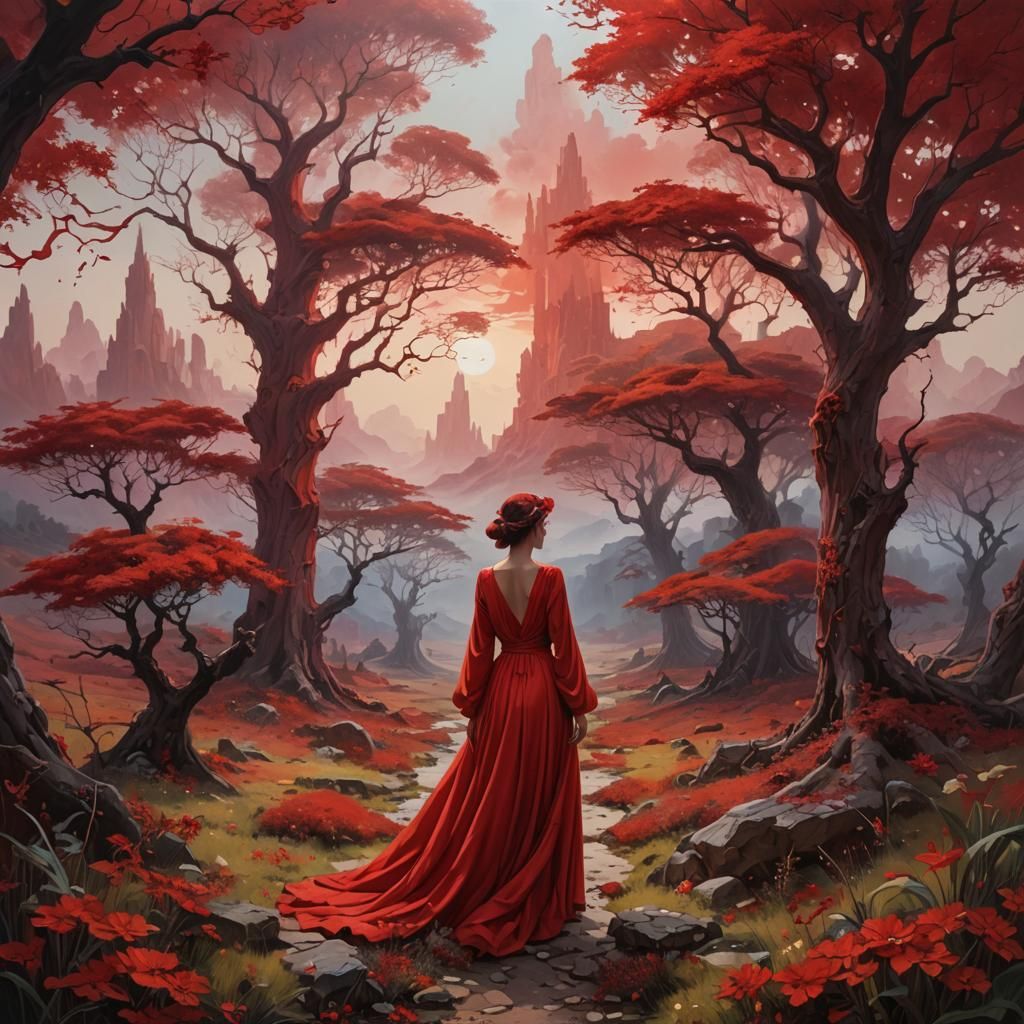 Surreal Witch in Red Dress with Desert Landscape