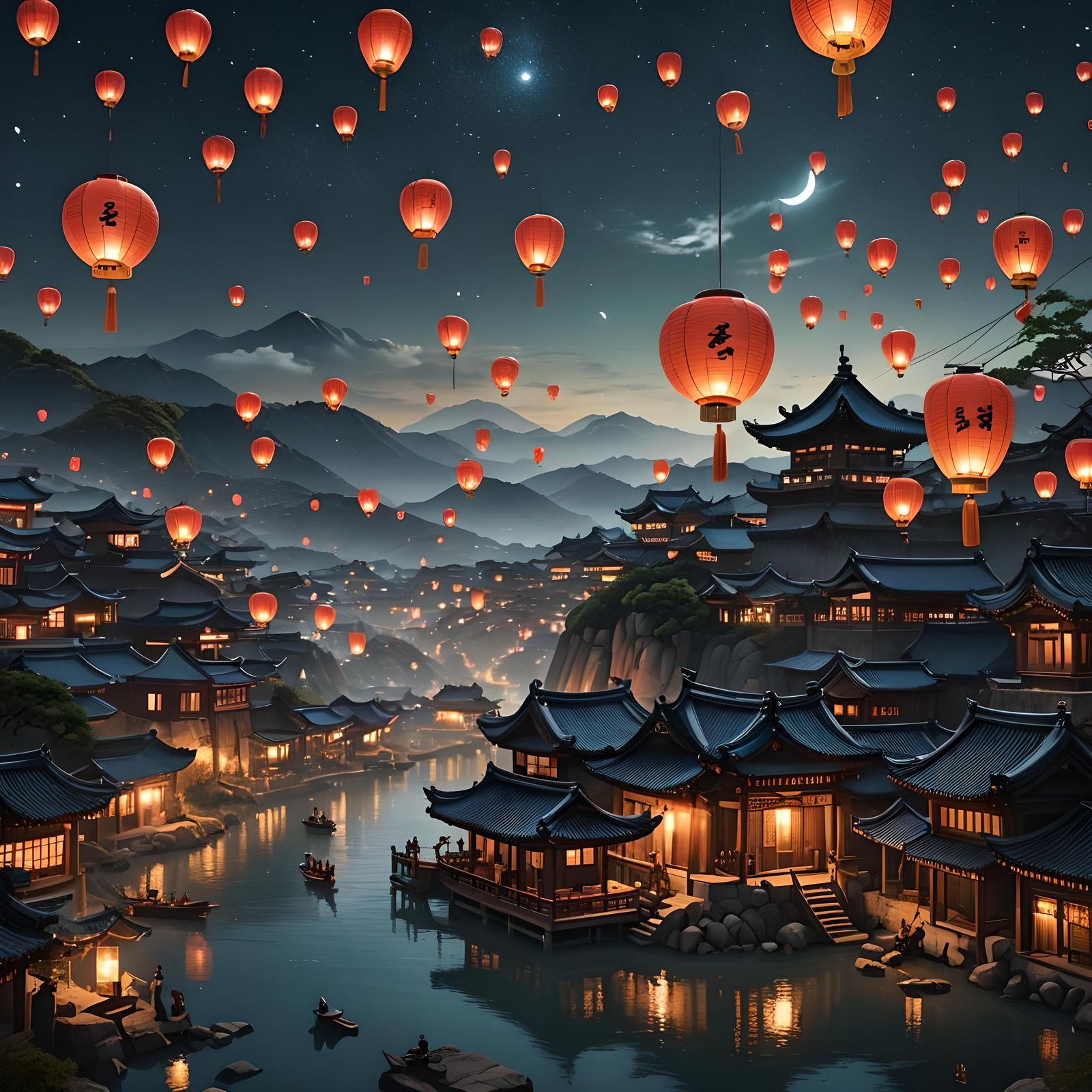 Nighttime Lanterns Over Korean Village: Fantasy Concept Art