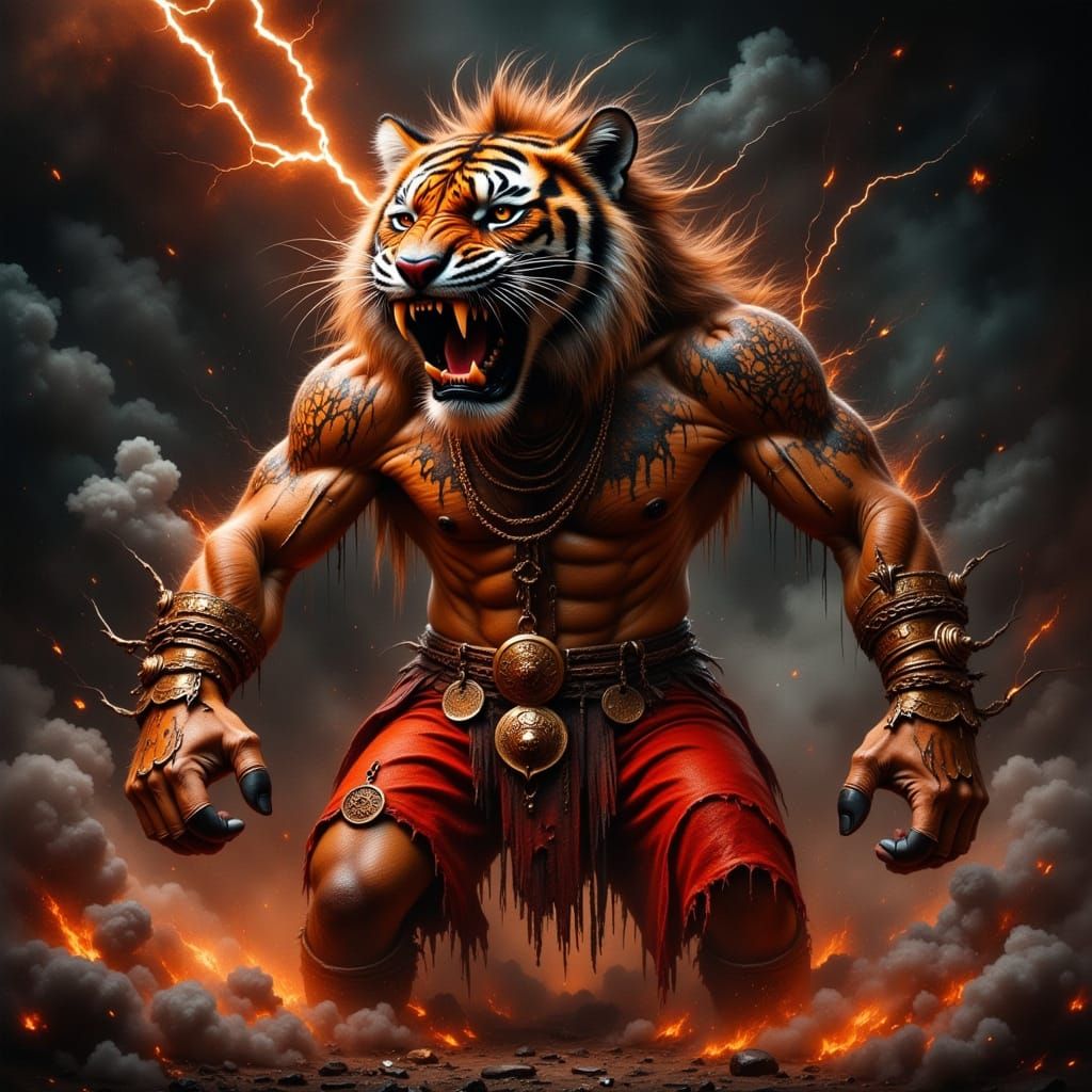 Ferocious Tiger Warrior in Dynamic Battle Stance