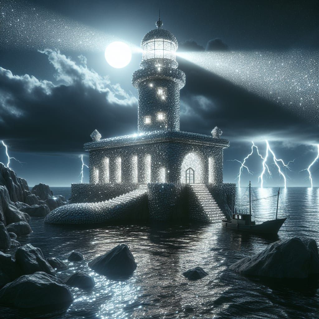 Diamond Lighthouse on Stormy Coastline at Night