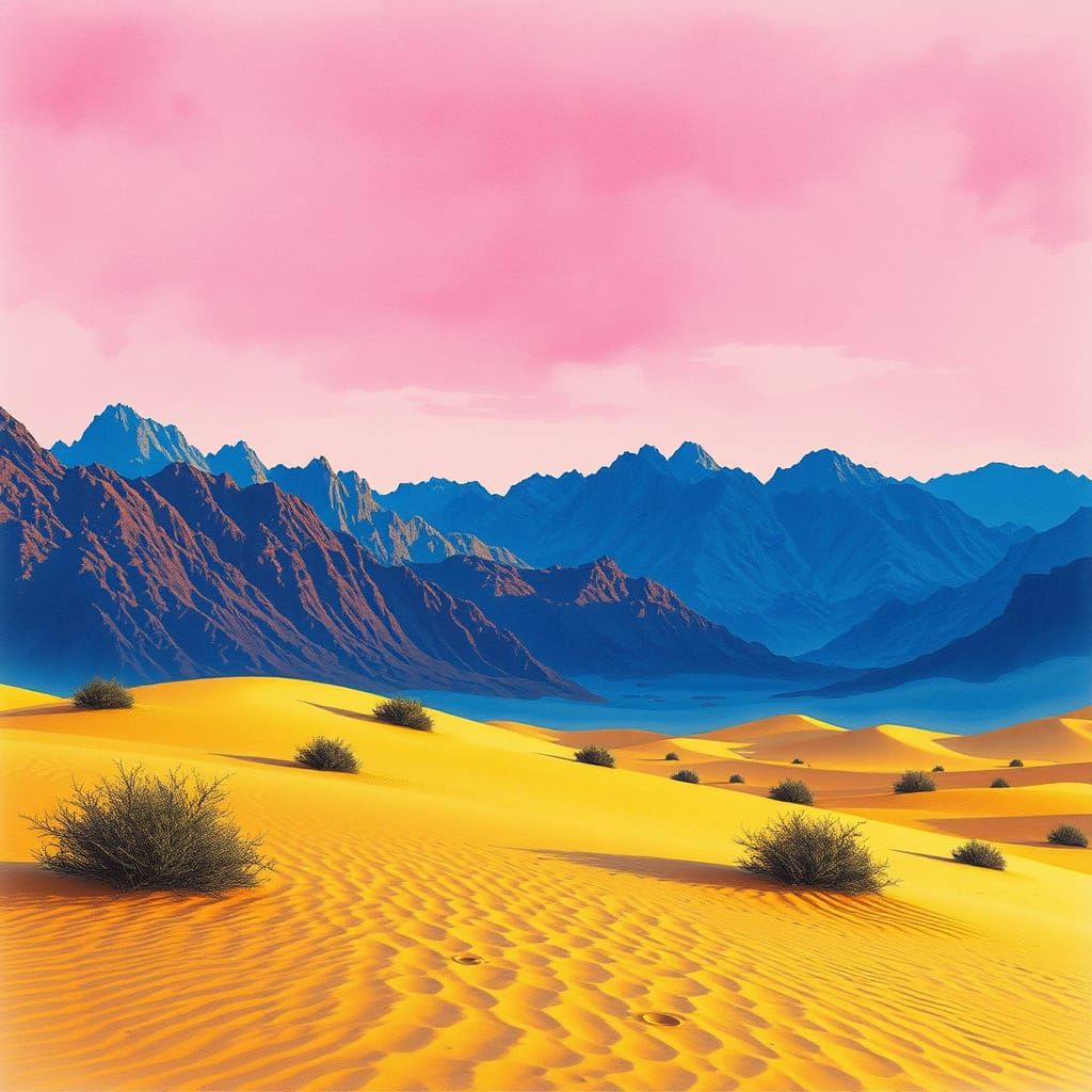 Surreal Watercolor Landscape with Pink Sky and Desert