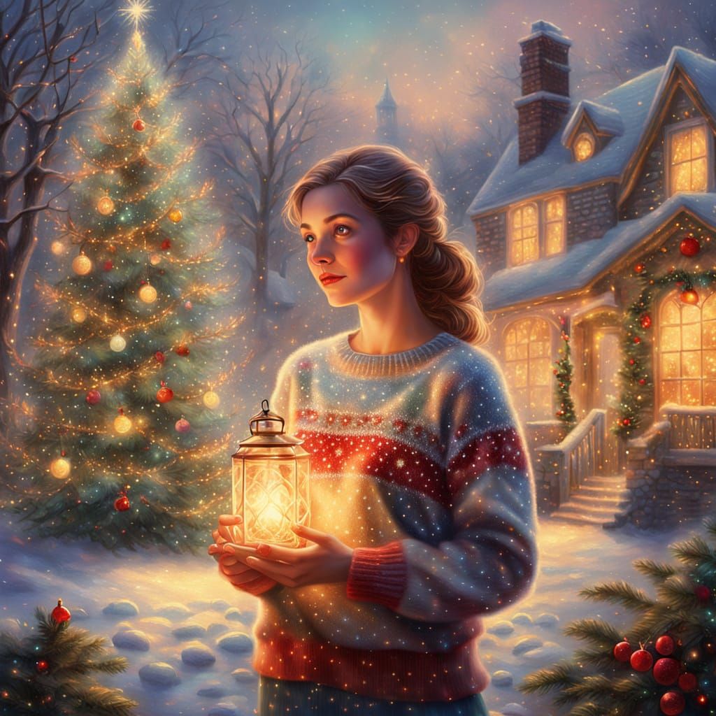 Enchanting Christmas Scene with Woman by Tree
