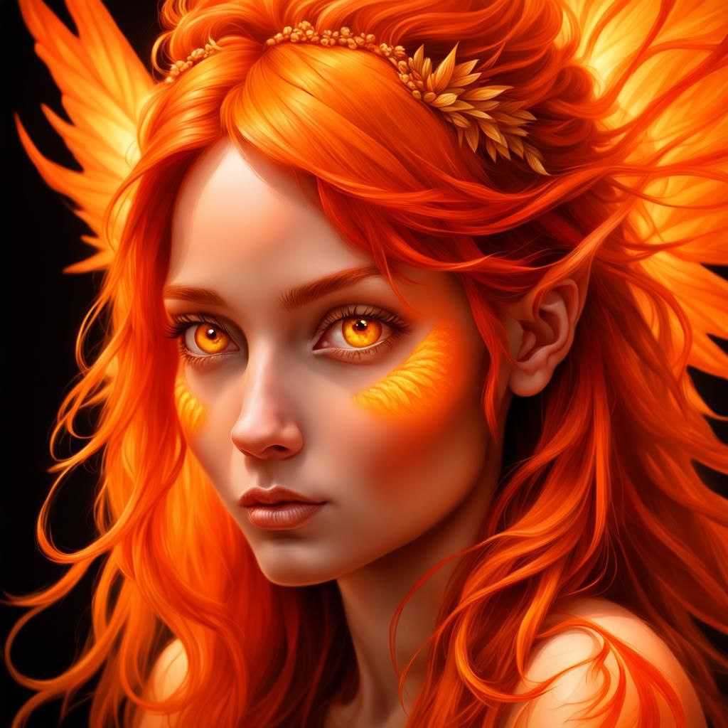 Portrait of an Orange Fire Fairy in Acrylic Art