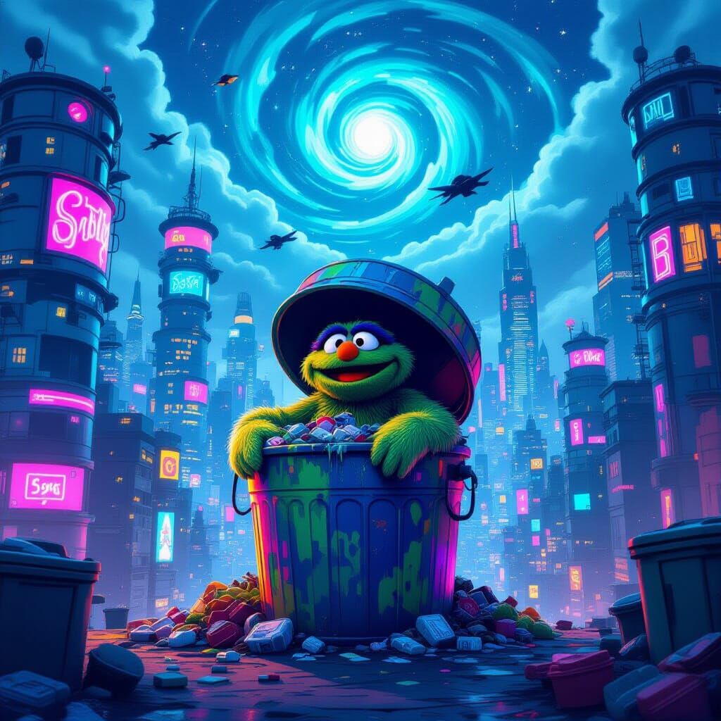 Oscar the Grouch in Cyberpunk Sesame Street