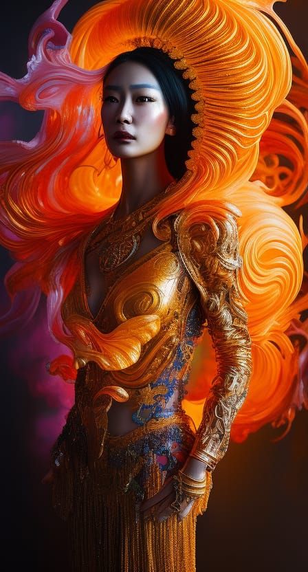 Luminous Woman with Flowing Liquid: Detailed Fantasy Art