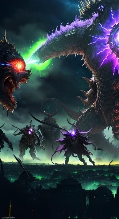 Epic Battle Scene: Hero Versus Outer Gods