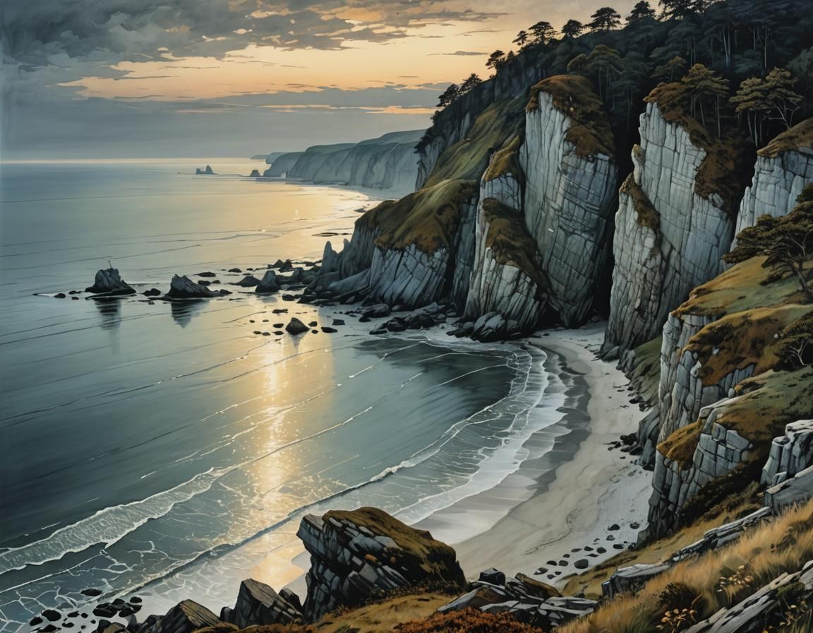 Ethereal Chalk Coast Landscape in Soft Evening Light