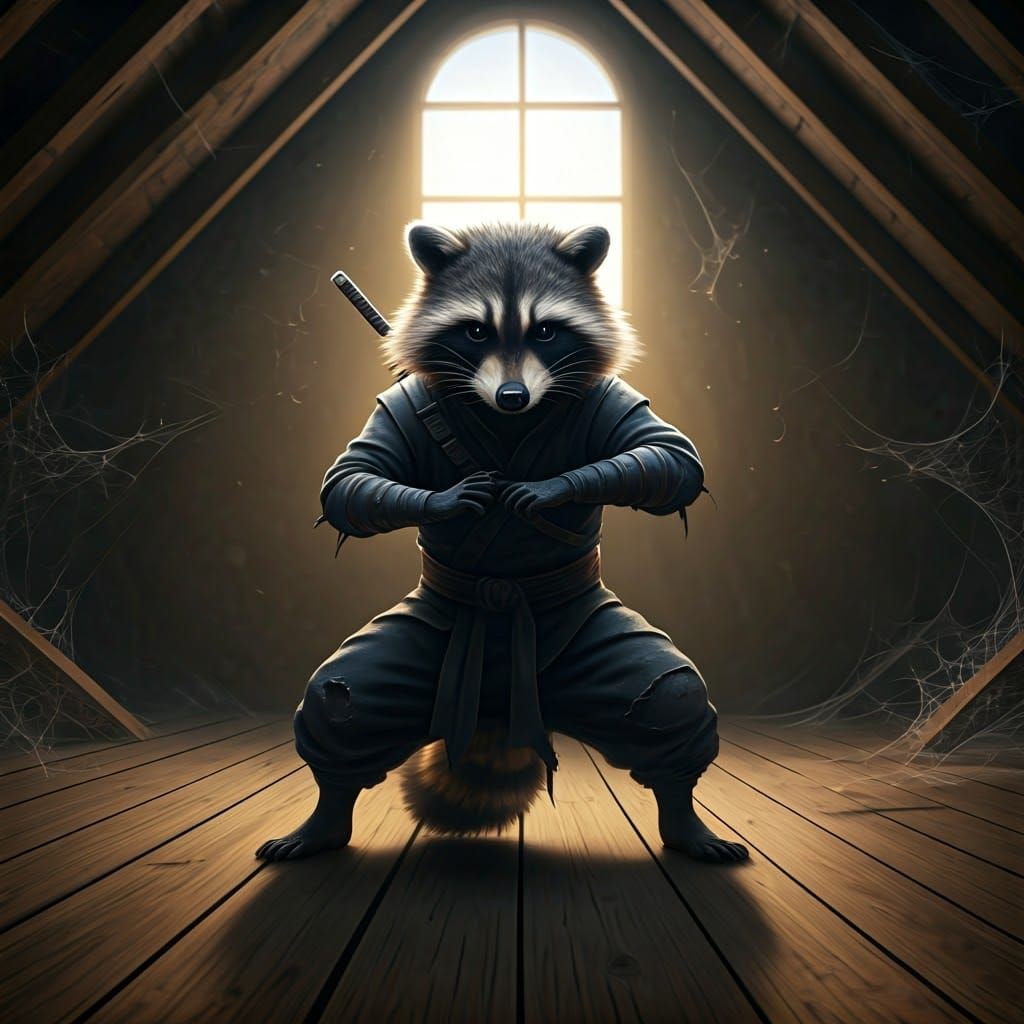 Stealthy Raccoon Ninja in Dusty Attic Shadows