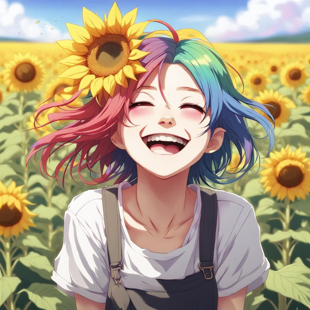 Girl with Rainbow Hair in Sunflower Field